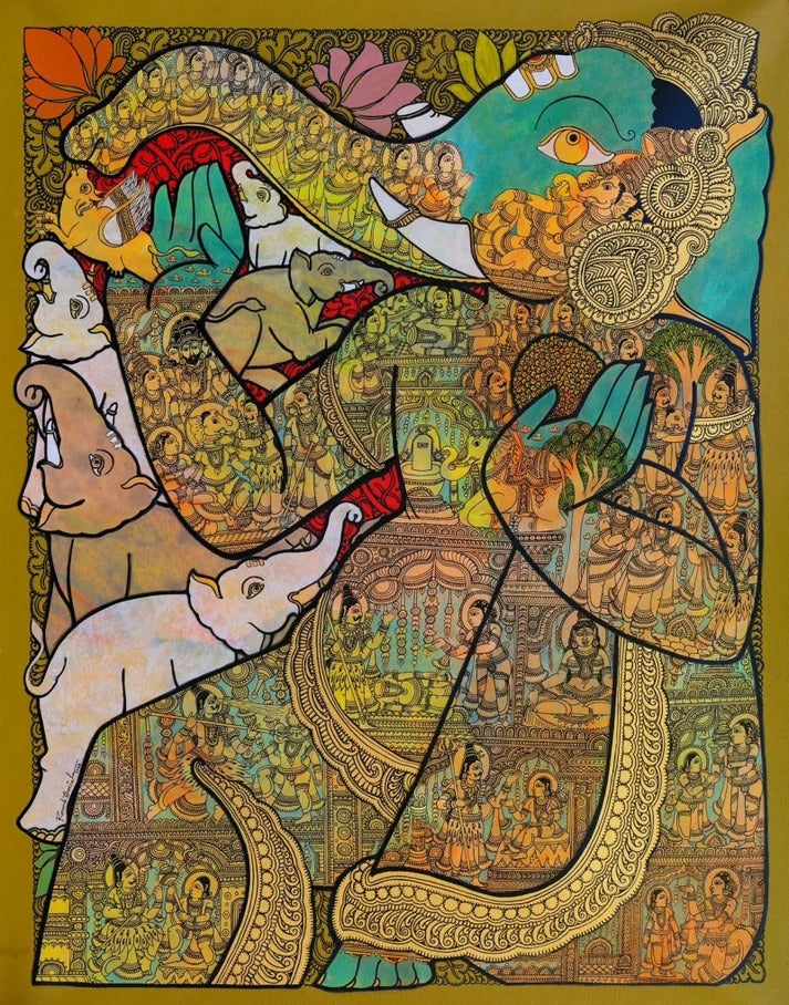 Lord Ganesha Kalamkari style canvas painting by Ramesh Gorjala in gold and blue tones.
