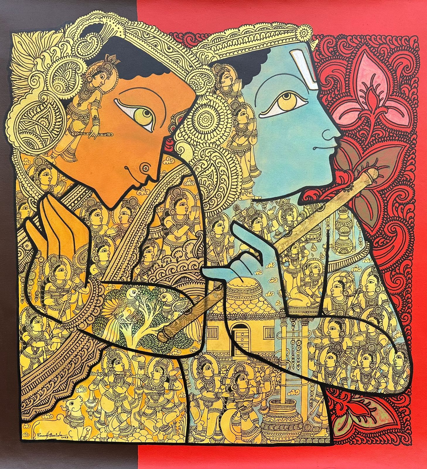 Ramesh Gorjala artwork featuring Radha and Krishna with beautiful Kalamkari details