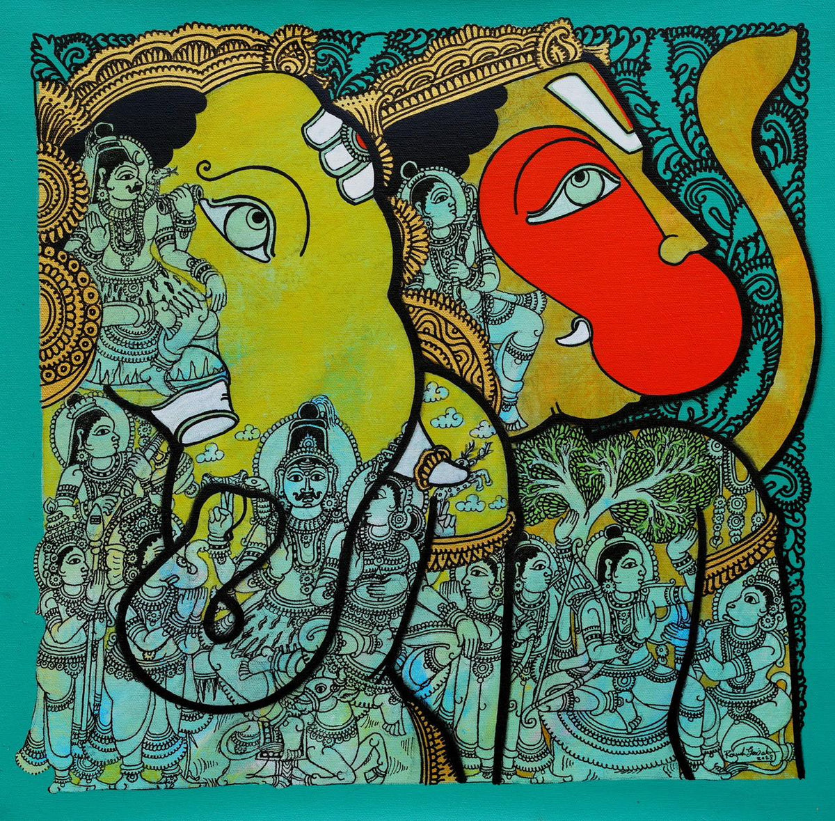 Ramesh Gorjala canvas painting depicts Ganesh and Hanuman in contemporary style with Kalamkari Art.