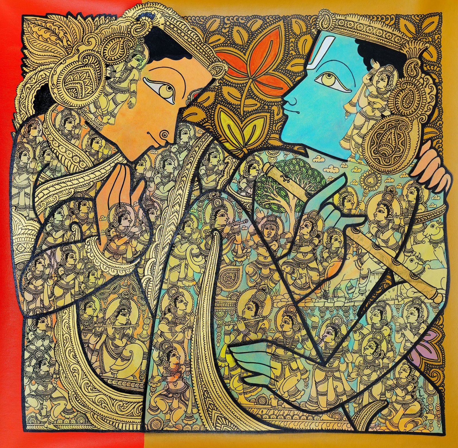 A beautiful renedition of Radha and Lord Krishna by artist Ramesh Gorjala.