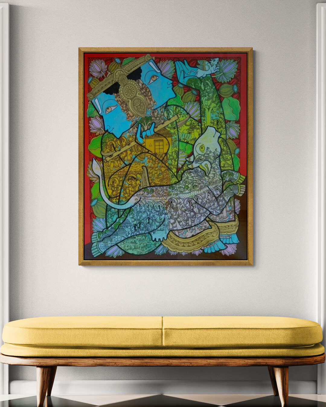 Wall display image of Larger Ramesh Gorjala vertical painting of Lord Krishna.