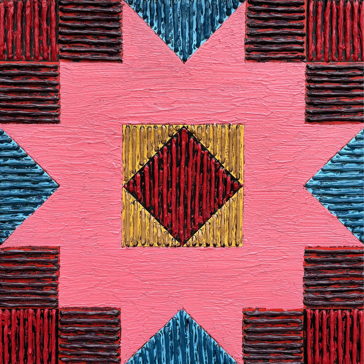 Symmetric multi-colored painting Rangoli like pattern by Sandesh Khule featuring thick diagonal acrylic lines.