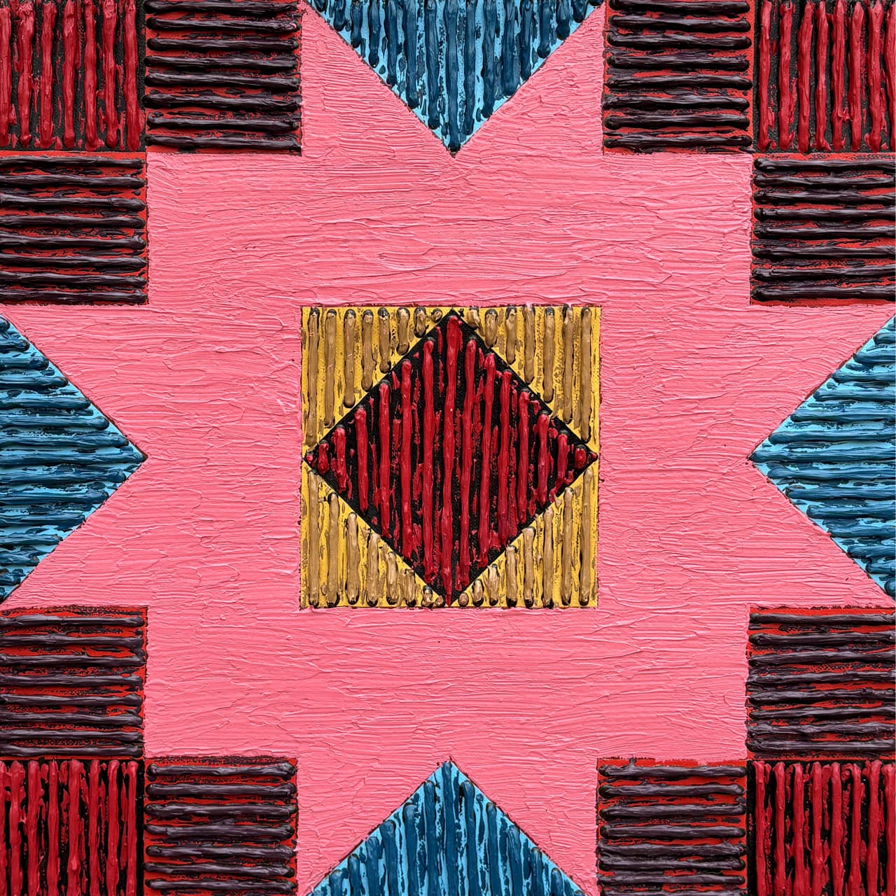 Symmetric multi-colored painting Rangoli like pattern by Sandesh Khule featuring thick diagonal acrylic lines.