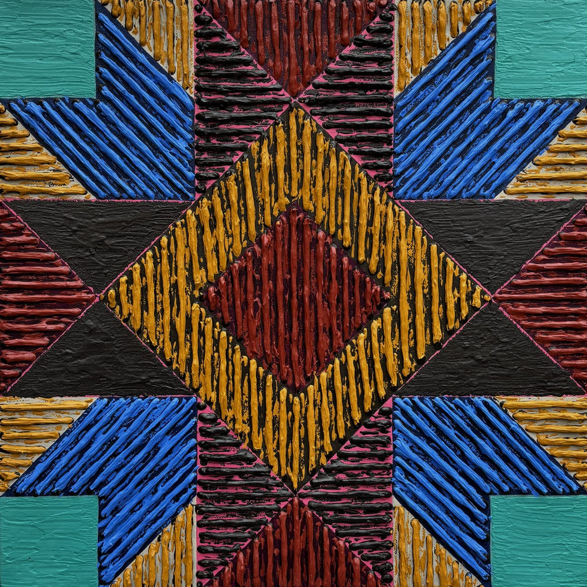 Abstract canvas painting featuring thick textured linear symmetry patterns in a warm palette of maroon, green, and gold.