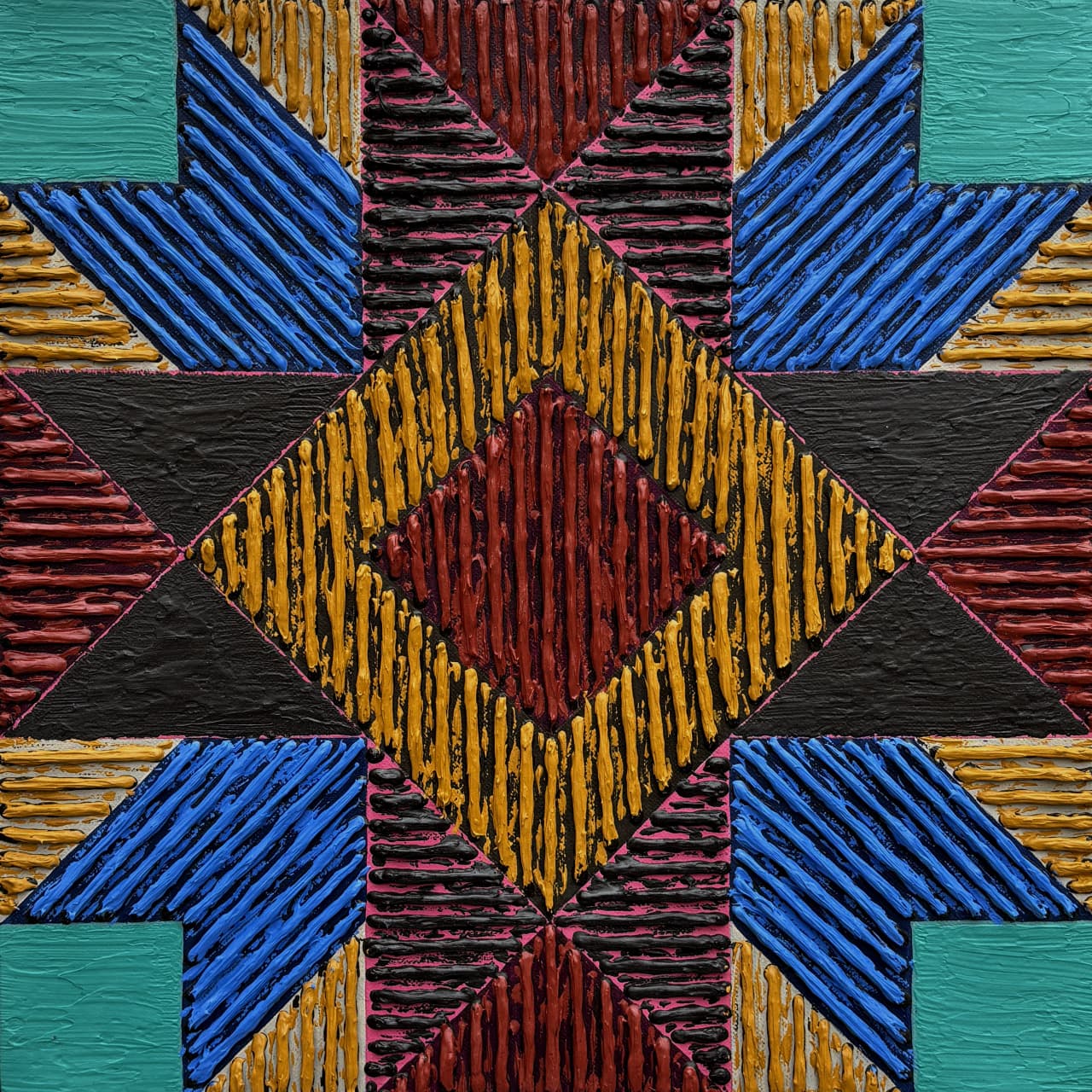 Abstract canvas painting featuring thick textured linear symmetry patterns in a warm palette of maroon, green, and gold.