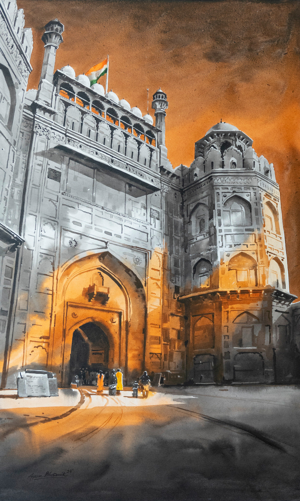 Red Fort Delhi monochrome painting with yellow sky highlights by Arpan Bhowmik
