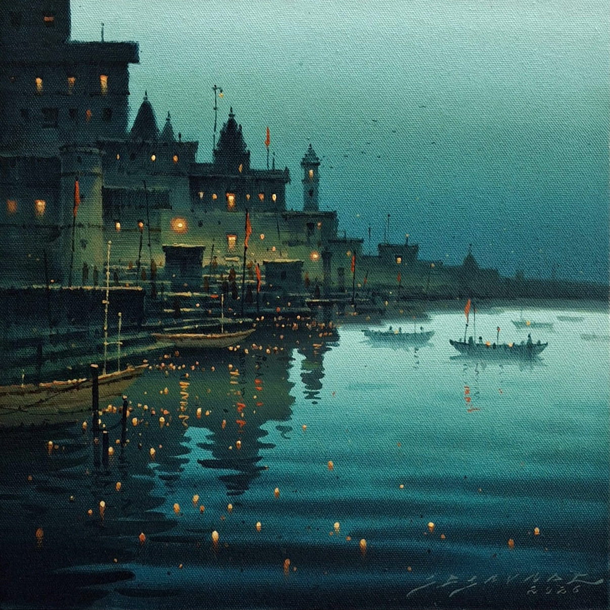 A square Benaras artwork with illuminated buildings along the shore, small boats on calm water, and floating lantern reflections under a blue-gray sky.
