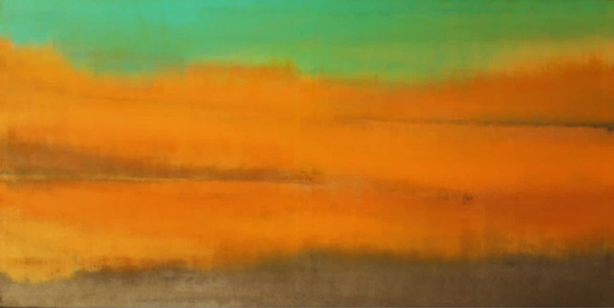 Abstract landscape using light greens and soft oranges hues to depict farmlands and sky.