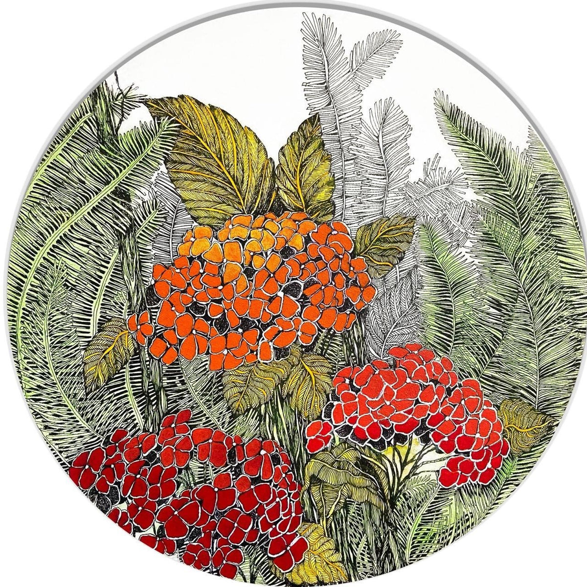 Ritu Kamath mixed media circular painting of orange Lantana flowers and ferns.