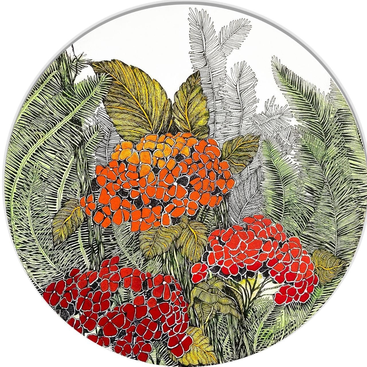 Ritu Kamath mixed media circular painting of orange Lantana flowers and ferns.