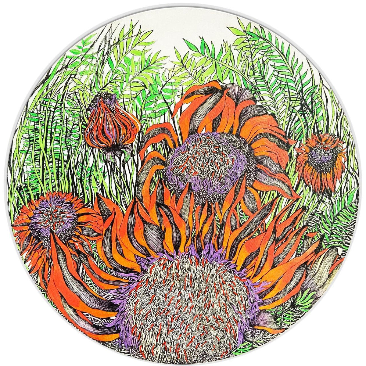 Ritu Kamath sunflower painting in orange and purple on white canvas.