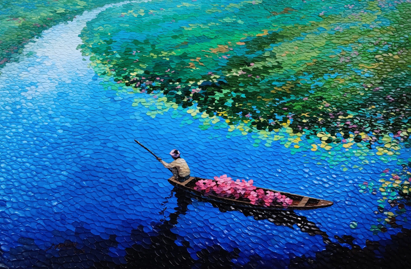 Shardhha More artwork featuring a man in a boat on a river with lotus flowers. Part of the Artazzle festive art catalogue. Nov 2025 edition.