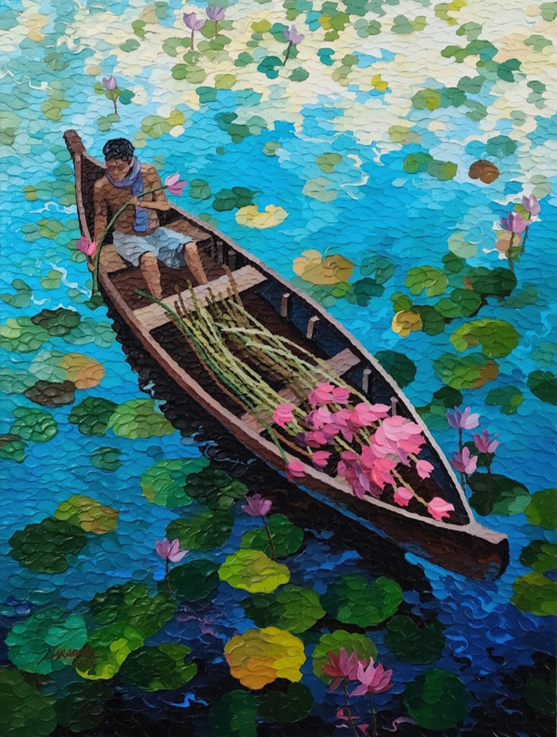 Artist Shraddha More paints vivid backwater landscapes fetauring boatmen collection lotus stems in serene landscapes.