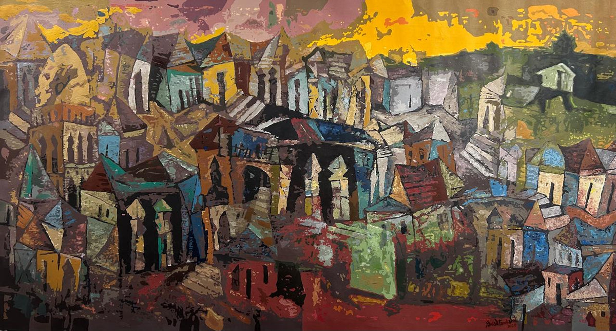 Abstract artwork of a cityscape with colorful buildings and a yellow sky by Fawad Tamkanat.