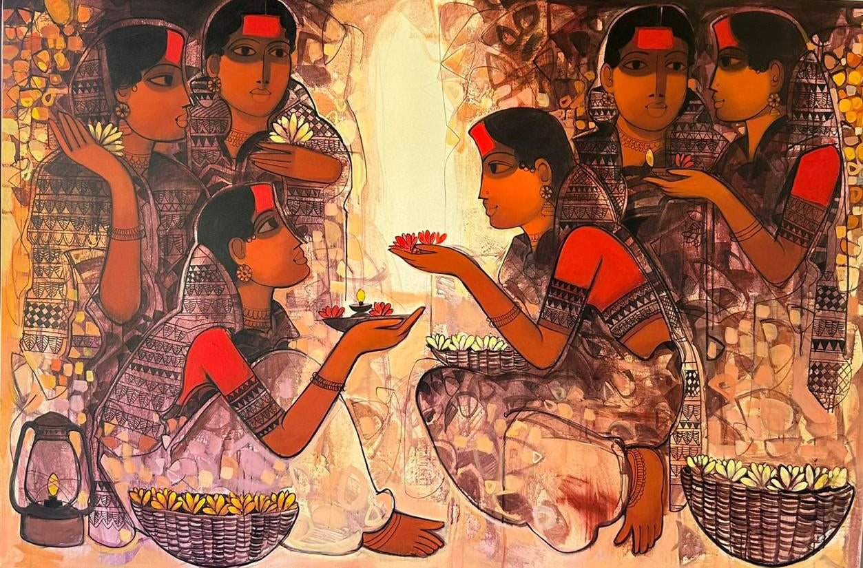Indian Figurative painting by Sachin Sagare, featuring rural Indian devotee wowmen with flowers & diyas.