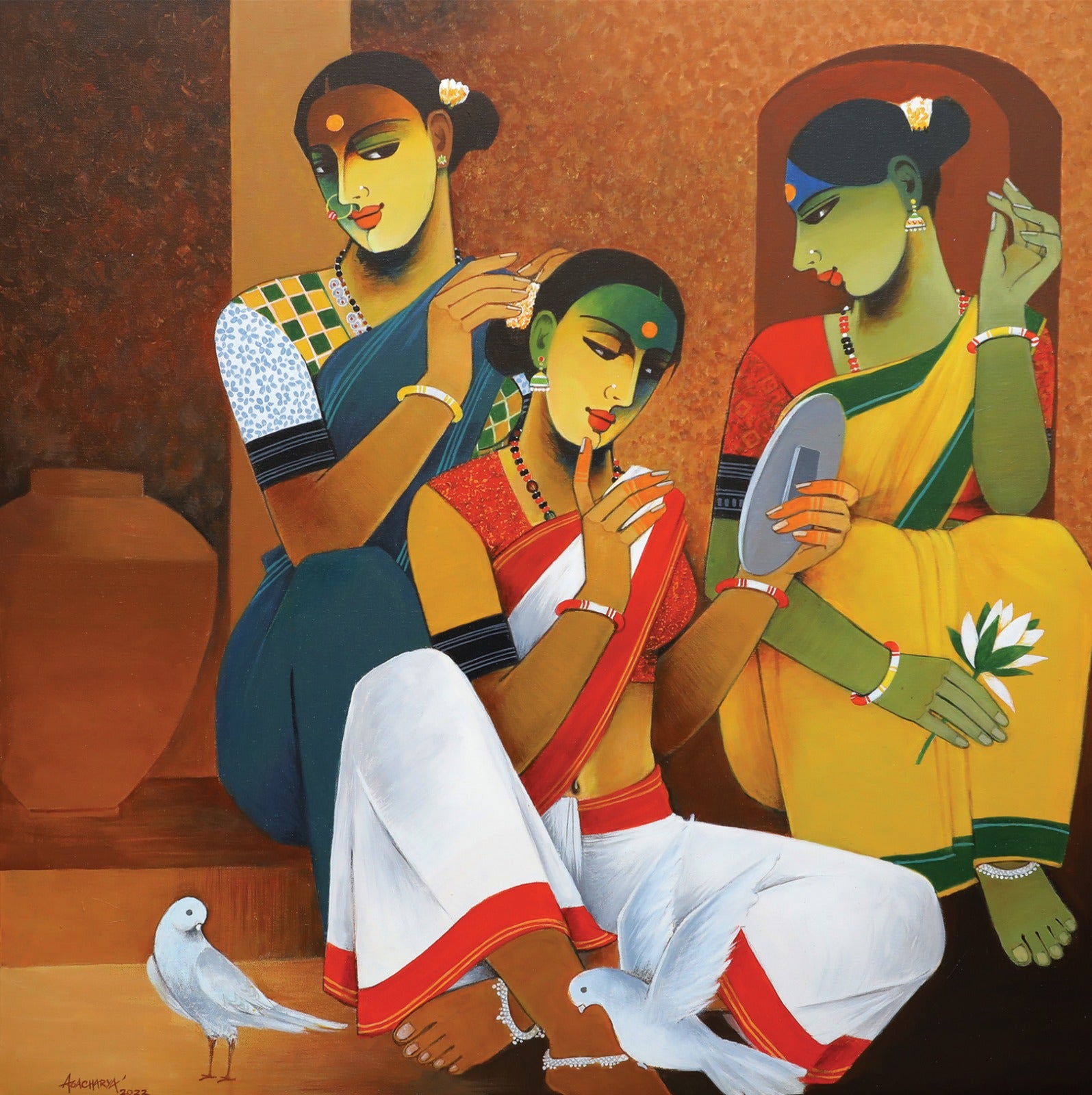 Indian village women painting of three friends in sarees applying bindis.
