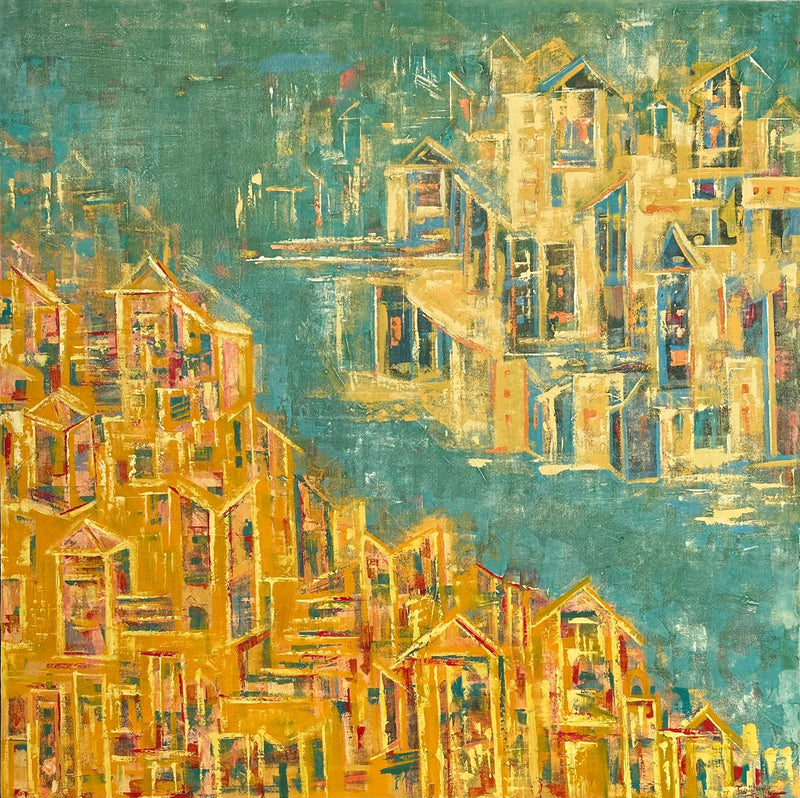 Abstract art with geometric shapes and a blue background. Abstract CItyscape by Karishma Wadhwa. 