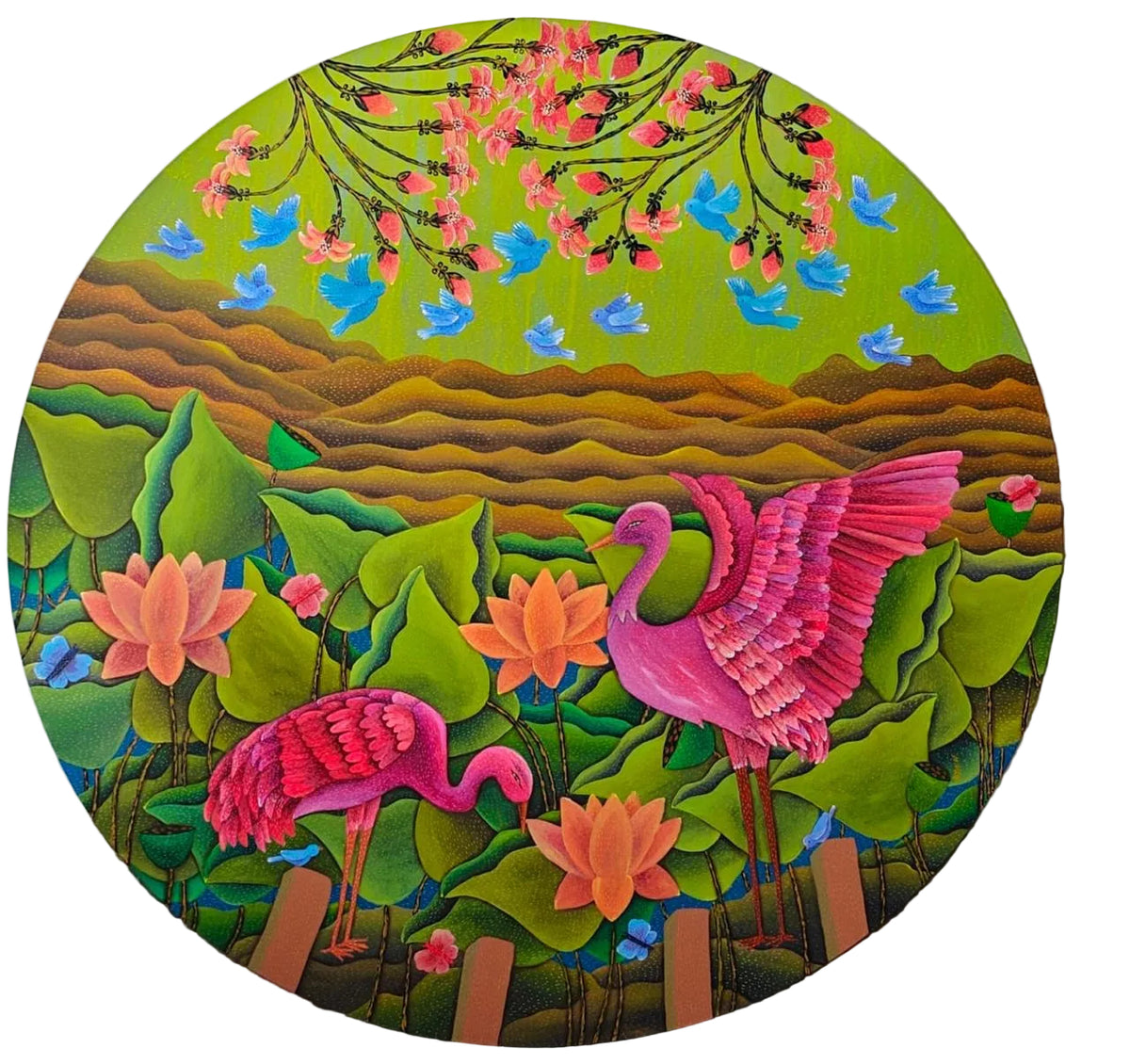 Round artwork with pink flamingos, flowers; nature landscape art.