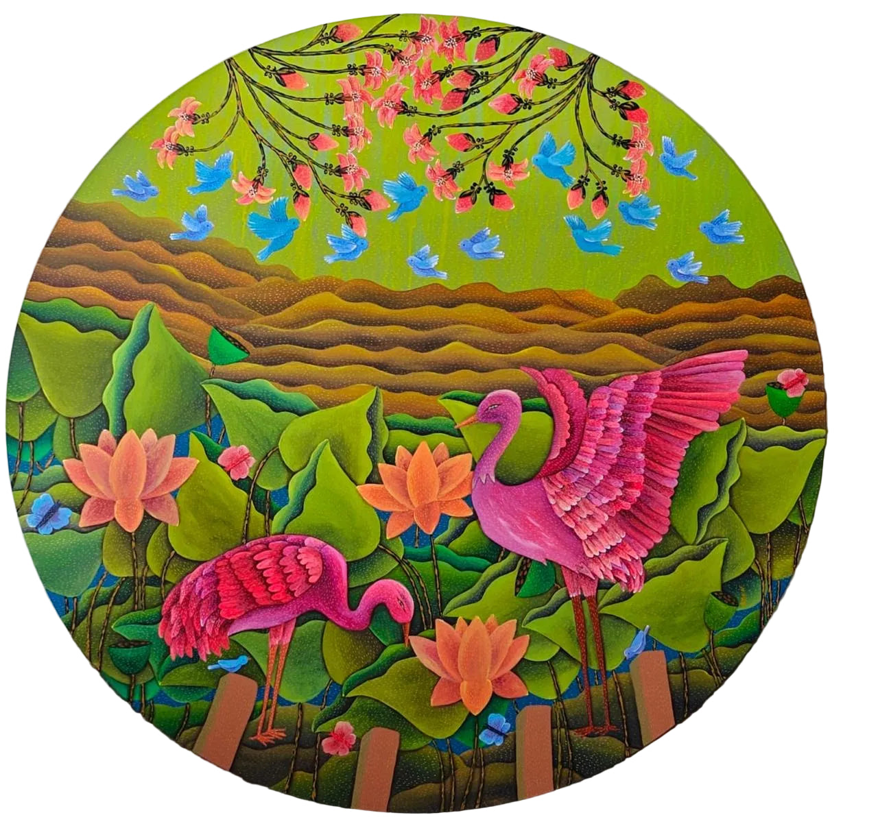 Round artwork with pink flamingos, flowers; nature landscape art.