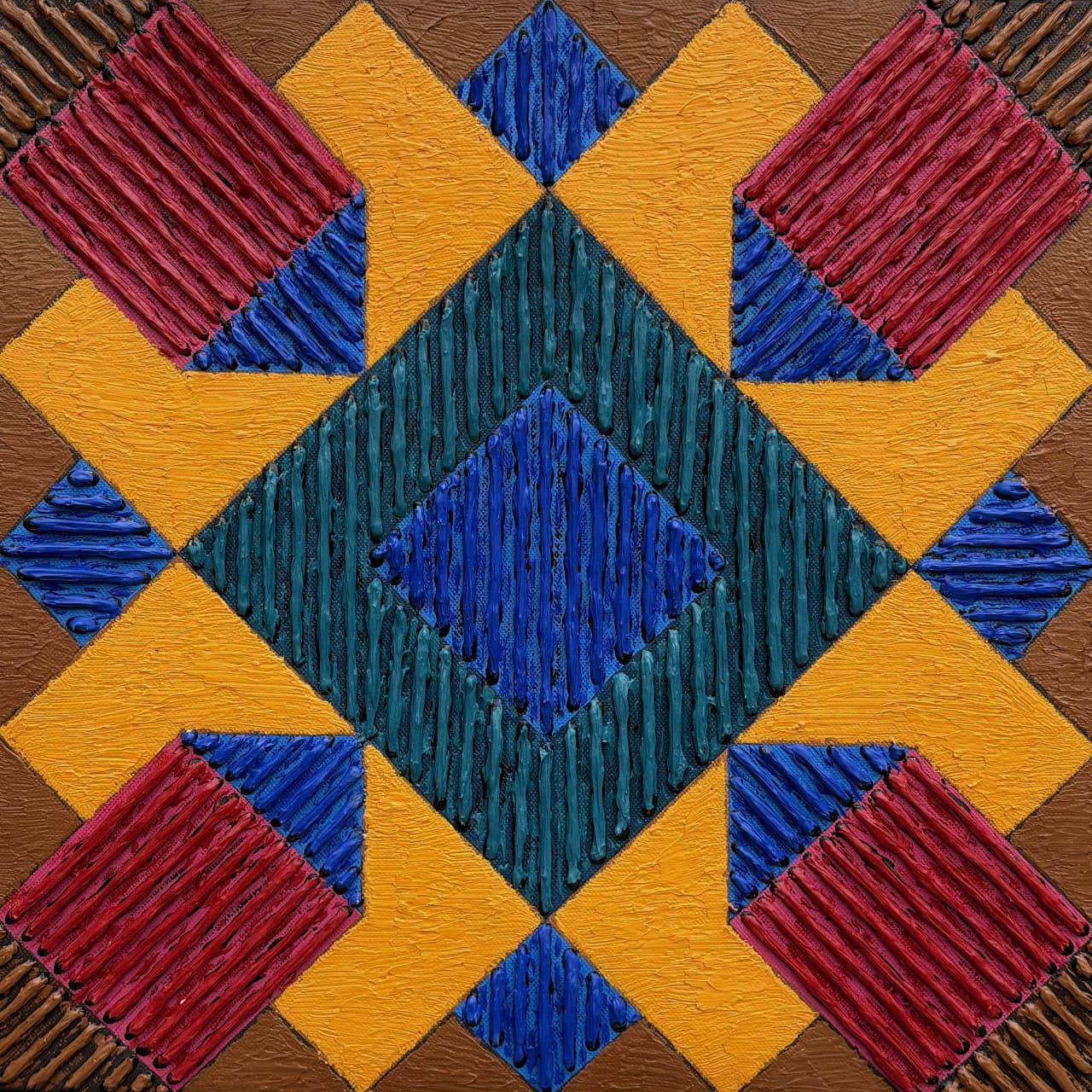 Small format abstract painting Rangoli VI by Sandesh Khule with geometric abstraction lines in primary colour tones.