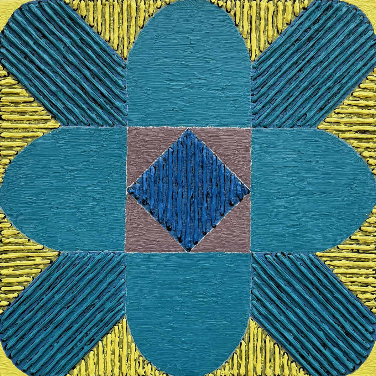 Contemporary acrylic abstract painting by Sandesh Khule featuring thick lime yellow, blue, and green lines.