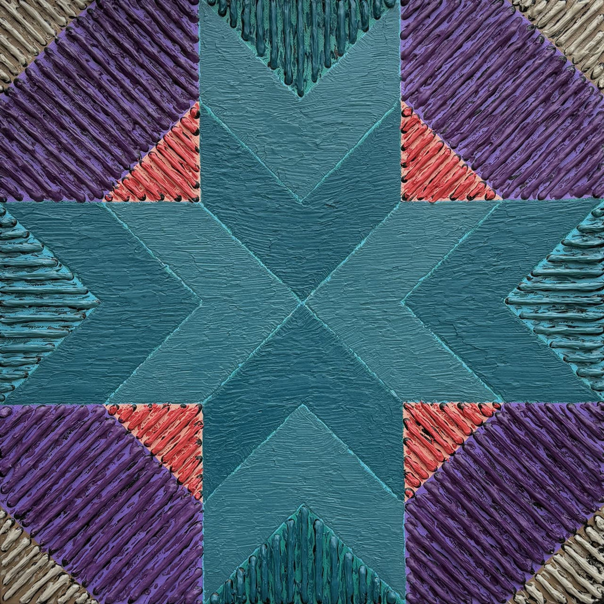 Textured star pattern abstract canvas painting 'Rangoli III' by Sandesh Khule featuring purple and teal tones.