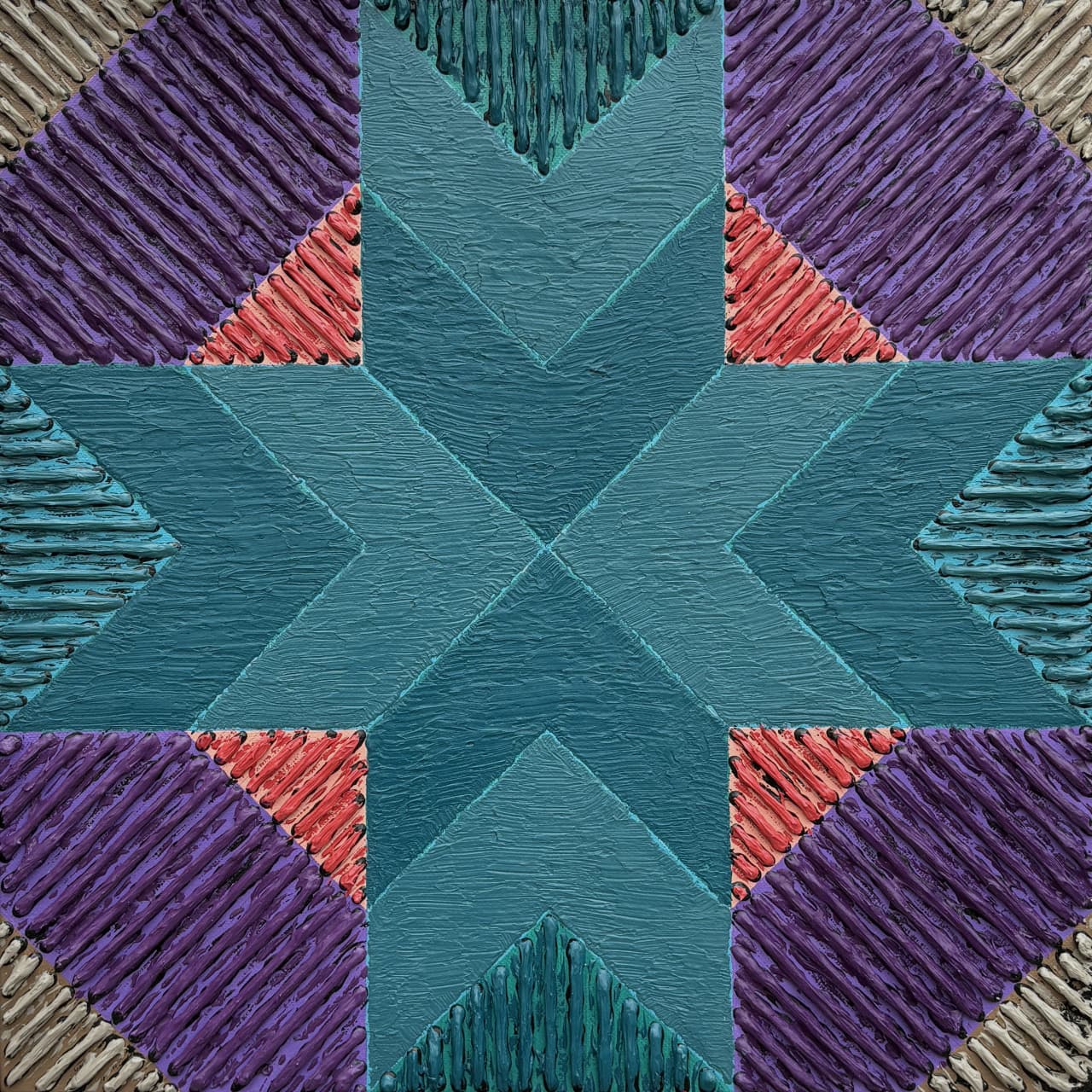 Textured star pattern abstract canvas painting 'Rangoli III' by Sandesh Khule featuring purple and teal tones.