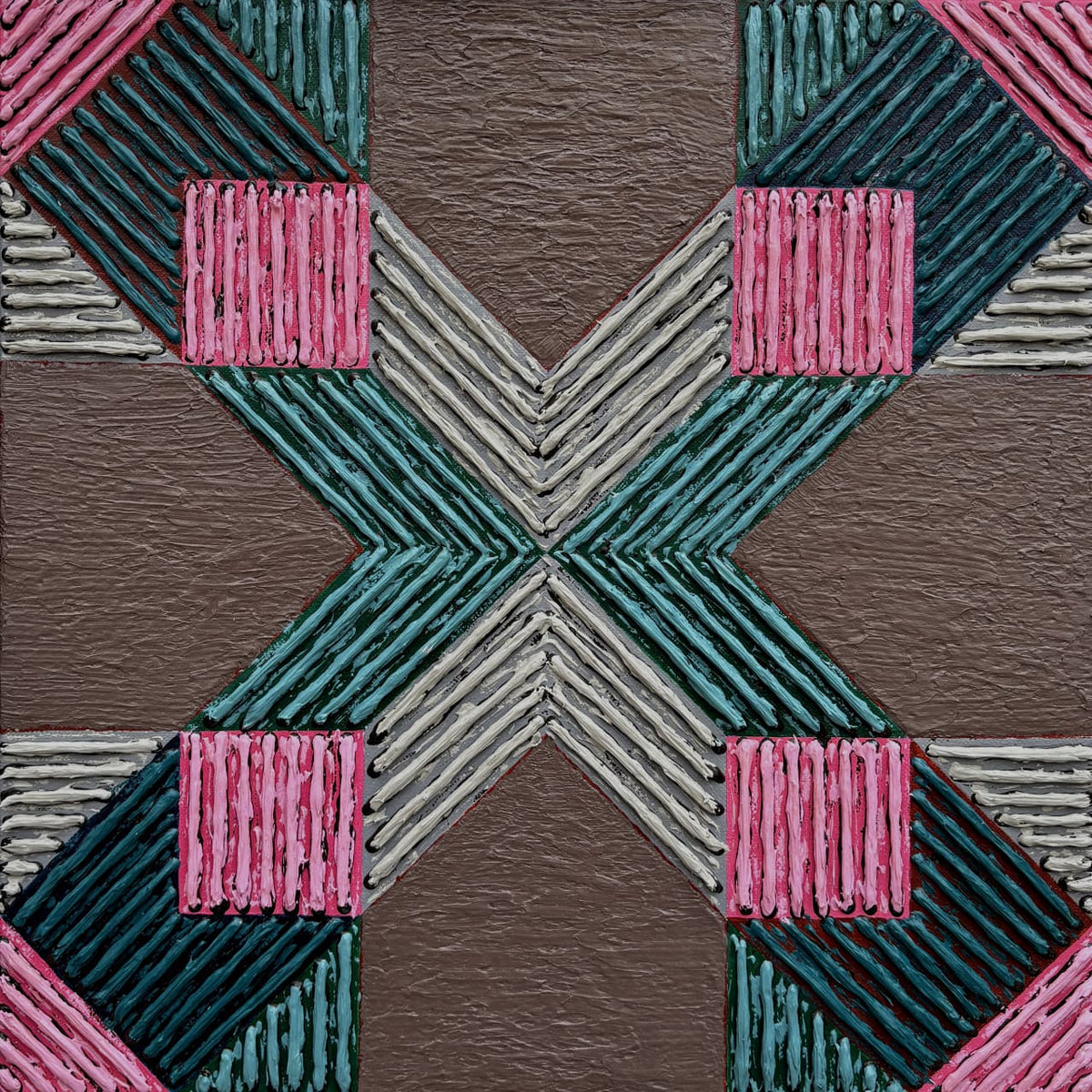Sandesh Khule geometric abstract canvas painting titled Rangoli featuring thick brown, teal, green, and pink lines.