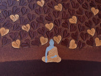 Close up of Sangeeta Abhay's Buddha painting with textured hearts showcasing enlightenment above his figure.