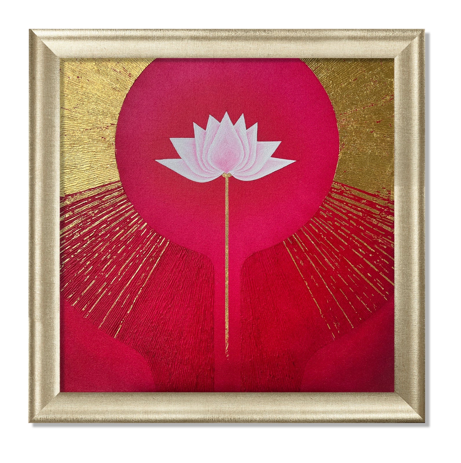 Spiritual Lotus painting  from Awakening series features Lotus in full bloom surrounded by gold halo.
