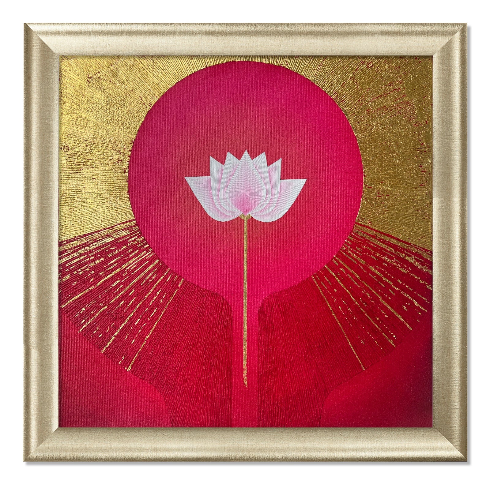 Sangeeta Abhay spiritual painting features a lotus bloom in process; a gold halo surrounds the bloom