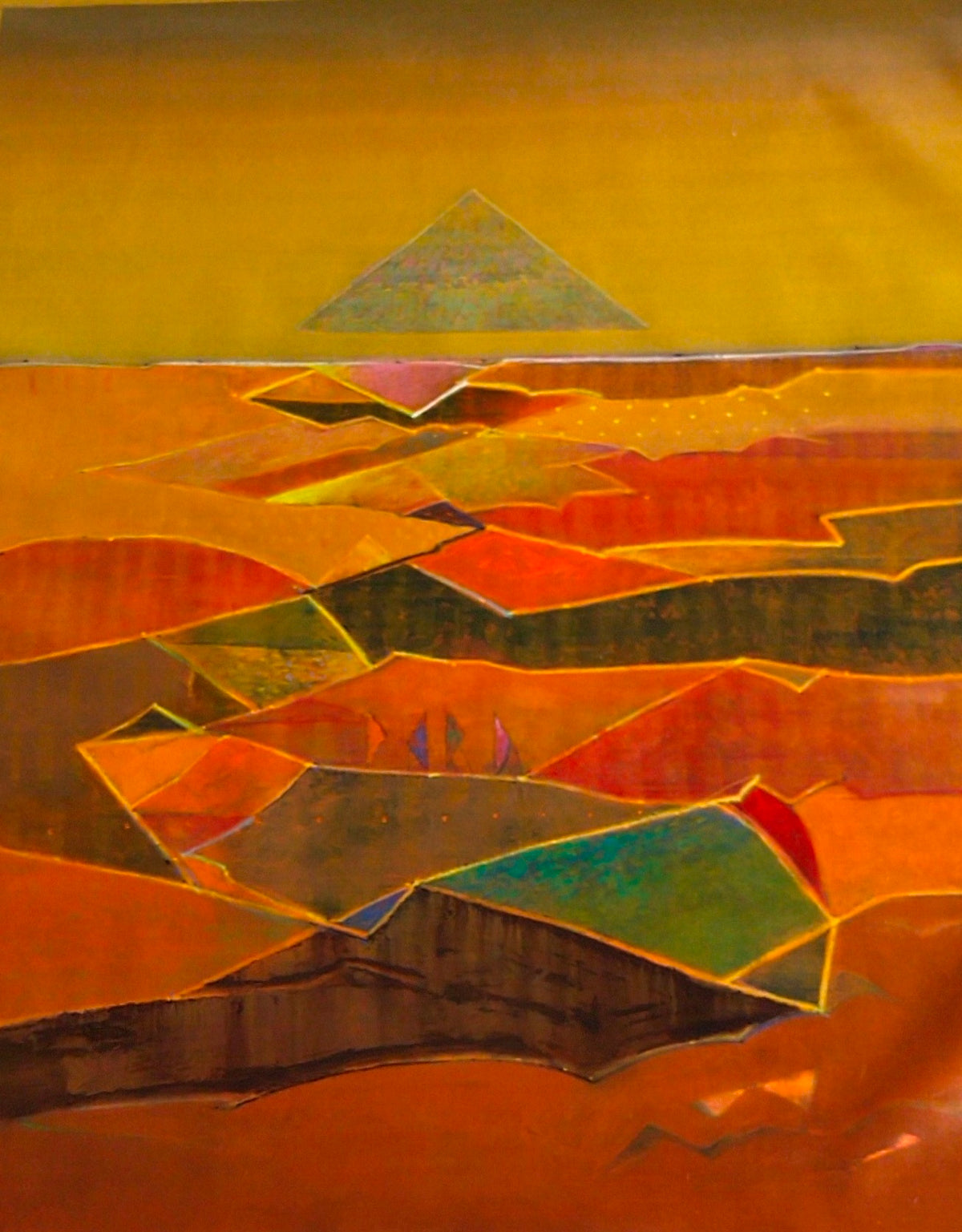 A beautiful abstract landscape artwork by Sanjay tikkal in ochre yellow and burnt orange hues.