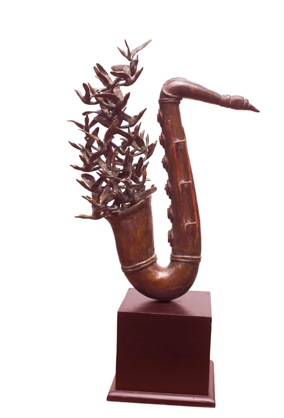 Biplab Sarkar bronze sculpture of birds flying out of a saxophone instrument.