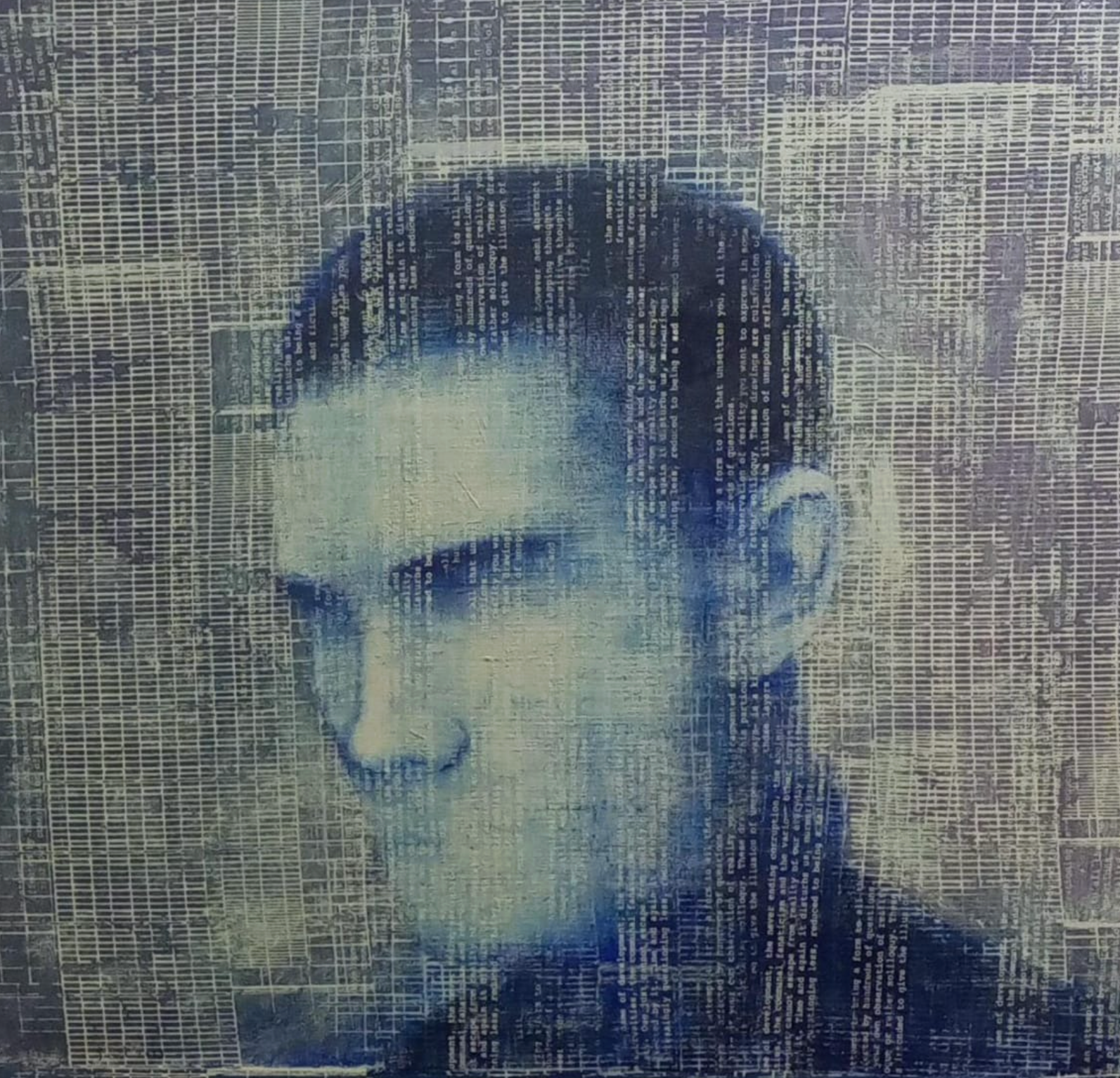 Portrait painting of a man's face rendered in expressive blue and white tones, showcasing detailed line work.