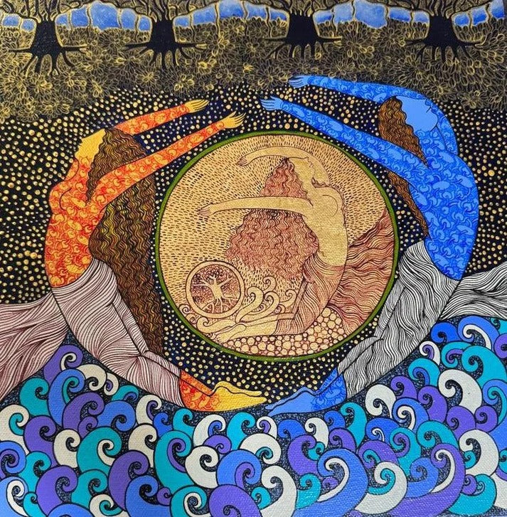 Seema Kohli Golden Womb series painting fetaures yoginis in universe with the golden womb at the centre symbolically becoming the beginning of all creation in the universe.