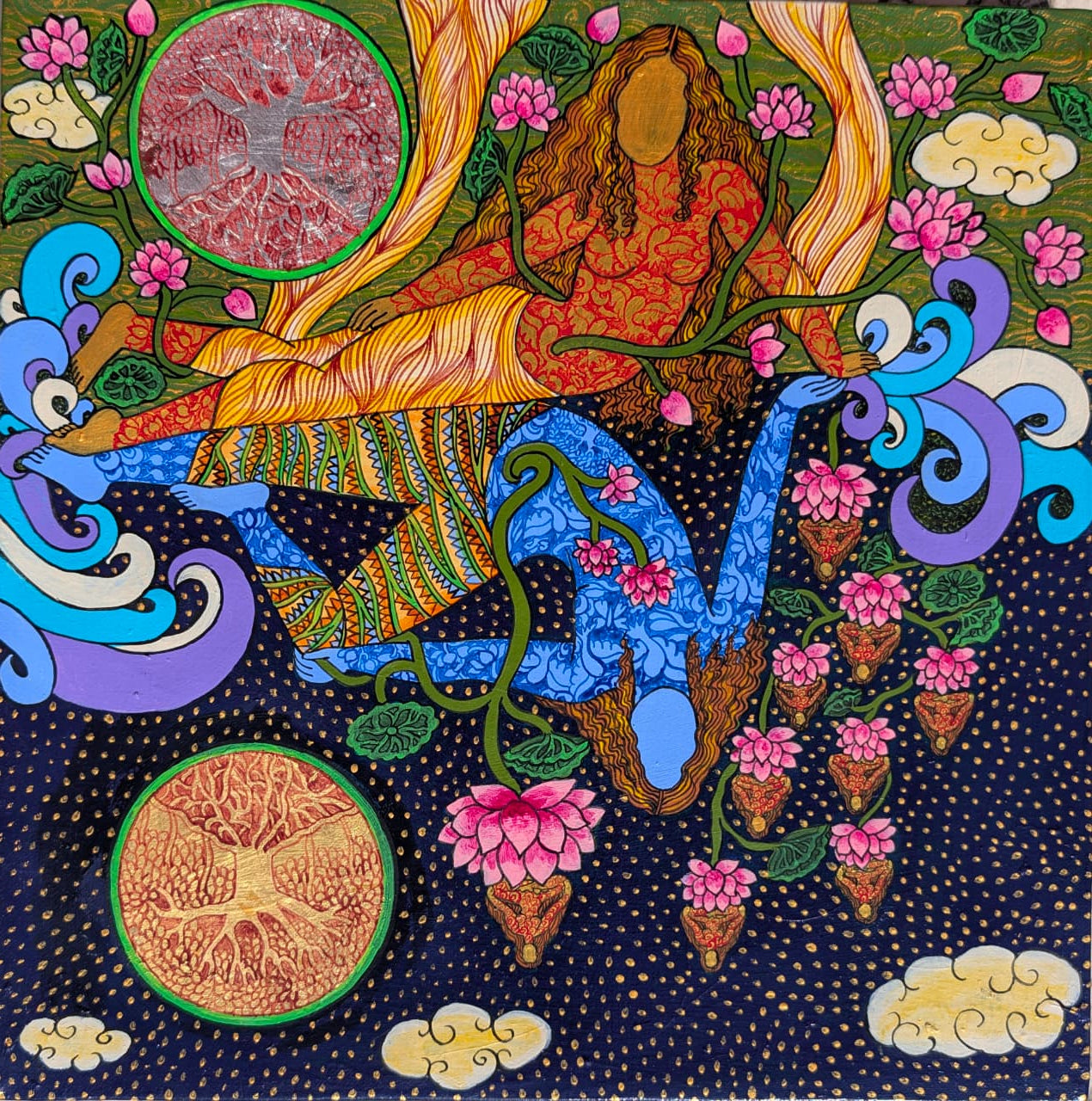 Colorful artwork by Seema Kohli features Yogini seated by a pond ; intertwined with nature elements like flowers and trees against a starry night/