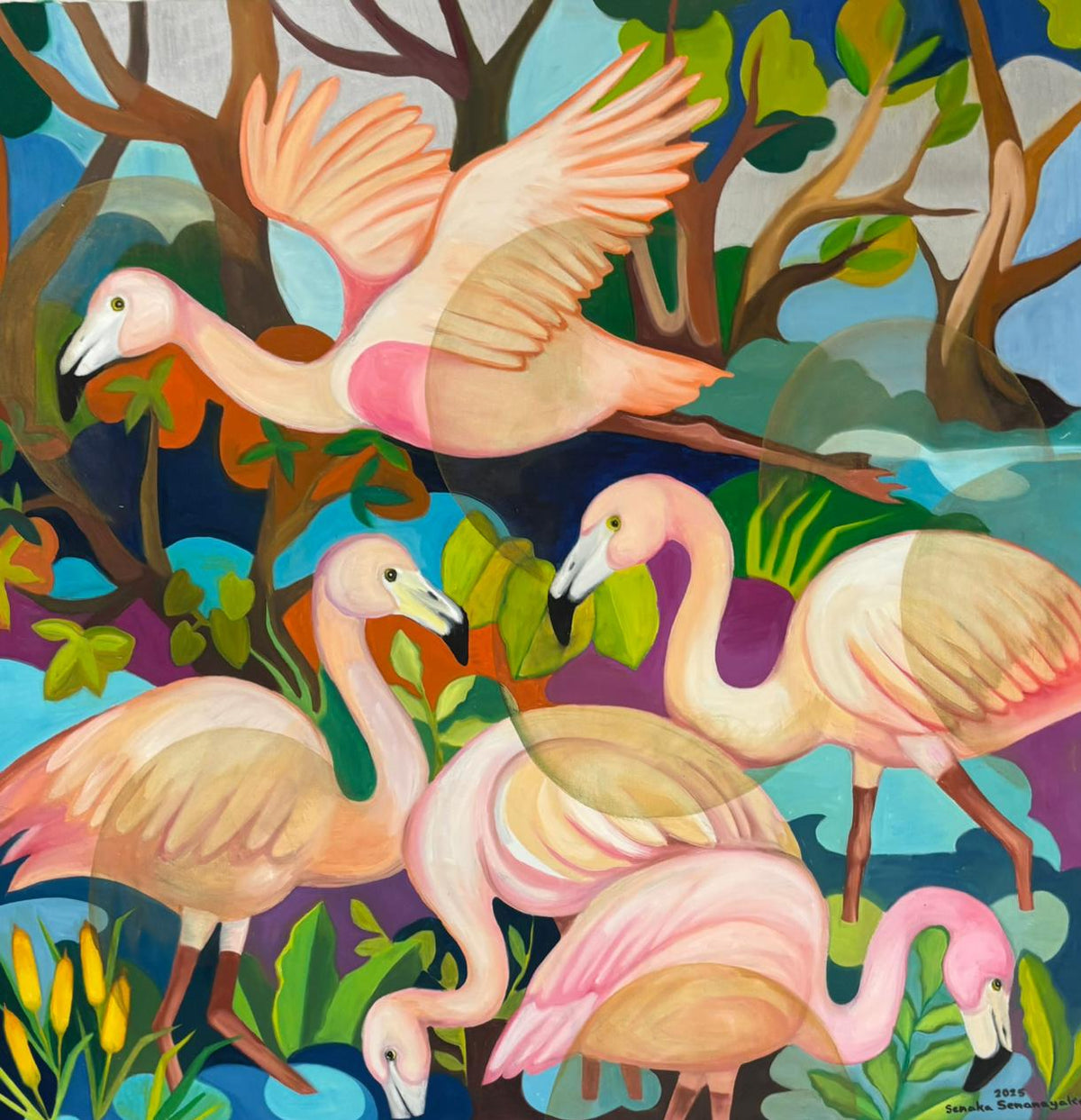 Senaka Senanayake original painting 'Pink Tango' features four pink flamingos in forest.