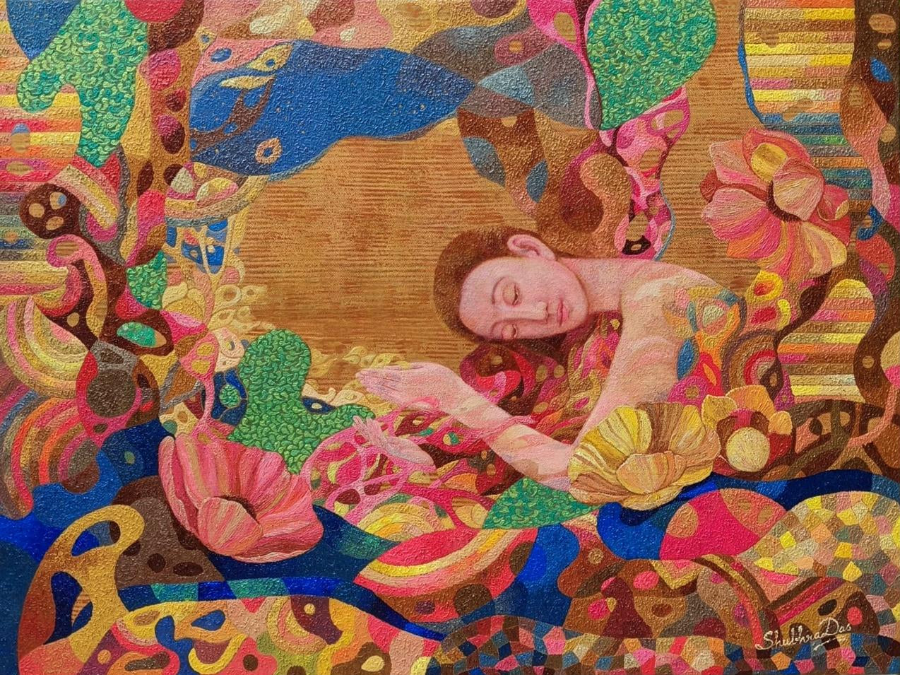 A figurative oil painting by Shubhra Das featuring a young woman in nature.