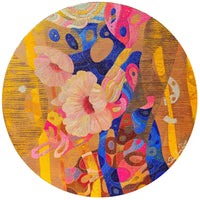 Circular abstract floral oil painting in gold, electric blue, and pink.