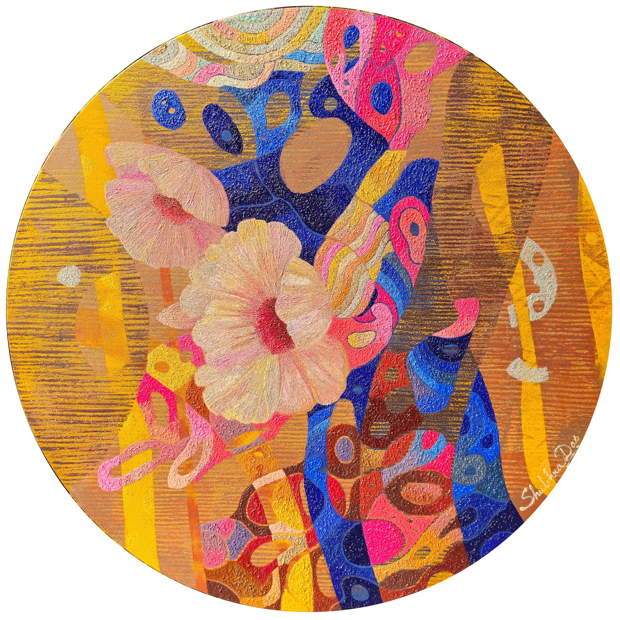 Circular abstract floral oil painting in gold, electric blue, and pink.