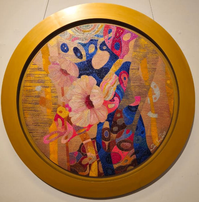 Wall display pic of framed golden tones nature abstract painting by Shubhra Das