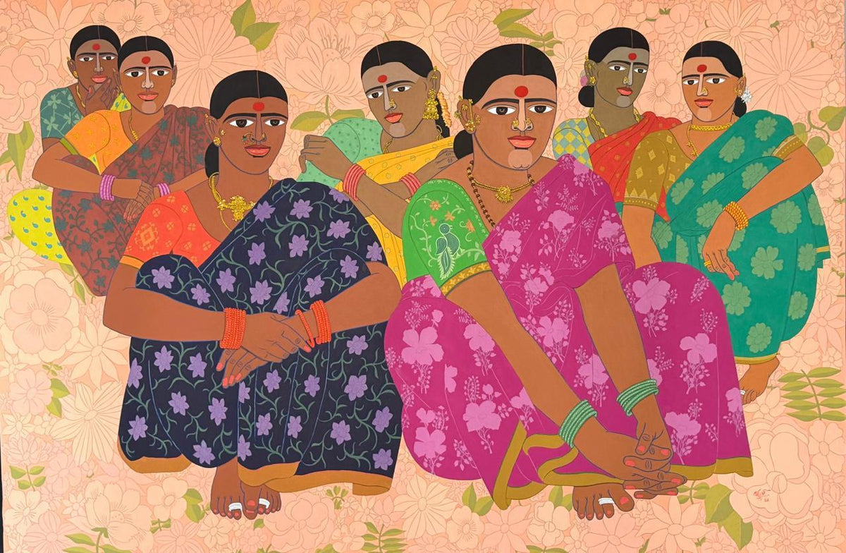 Indian Figurative Fine Art painting by Dr Laxman Aelay depicts Seven Telangana women in traditional sarees with pink floral backdrop. 