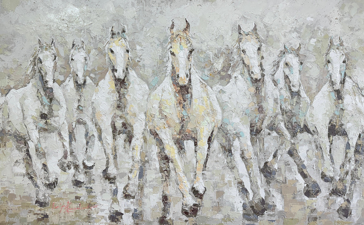 Artistic depiction of seven white horses running on a textured background. 