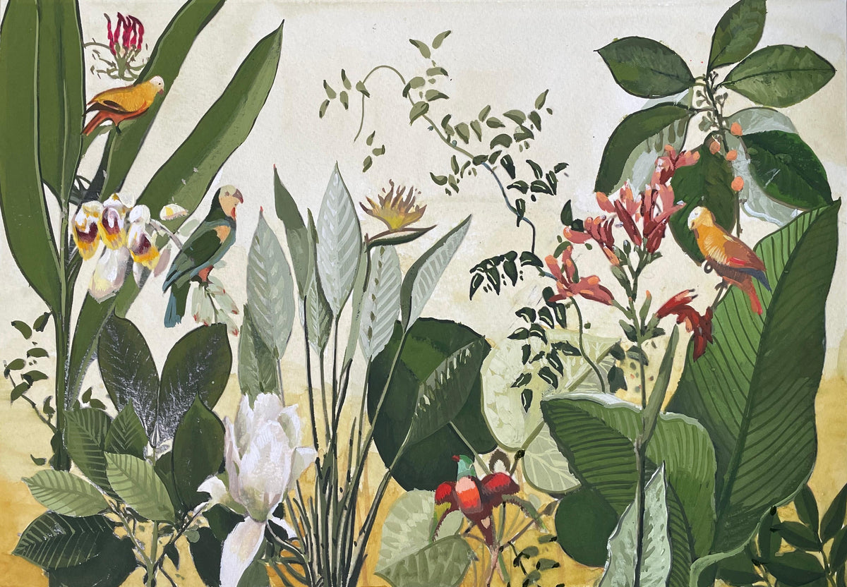 Shadabs paintung featuring tropical flora and fauna. 