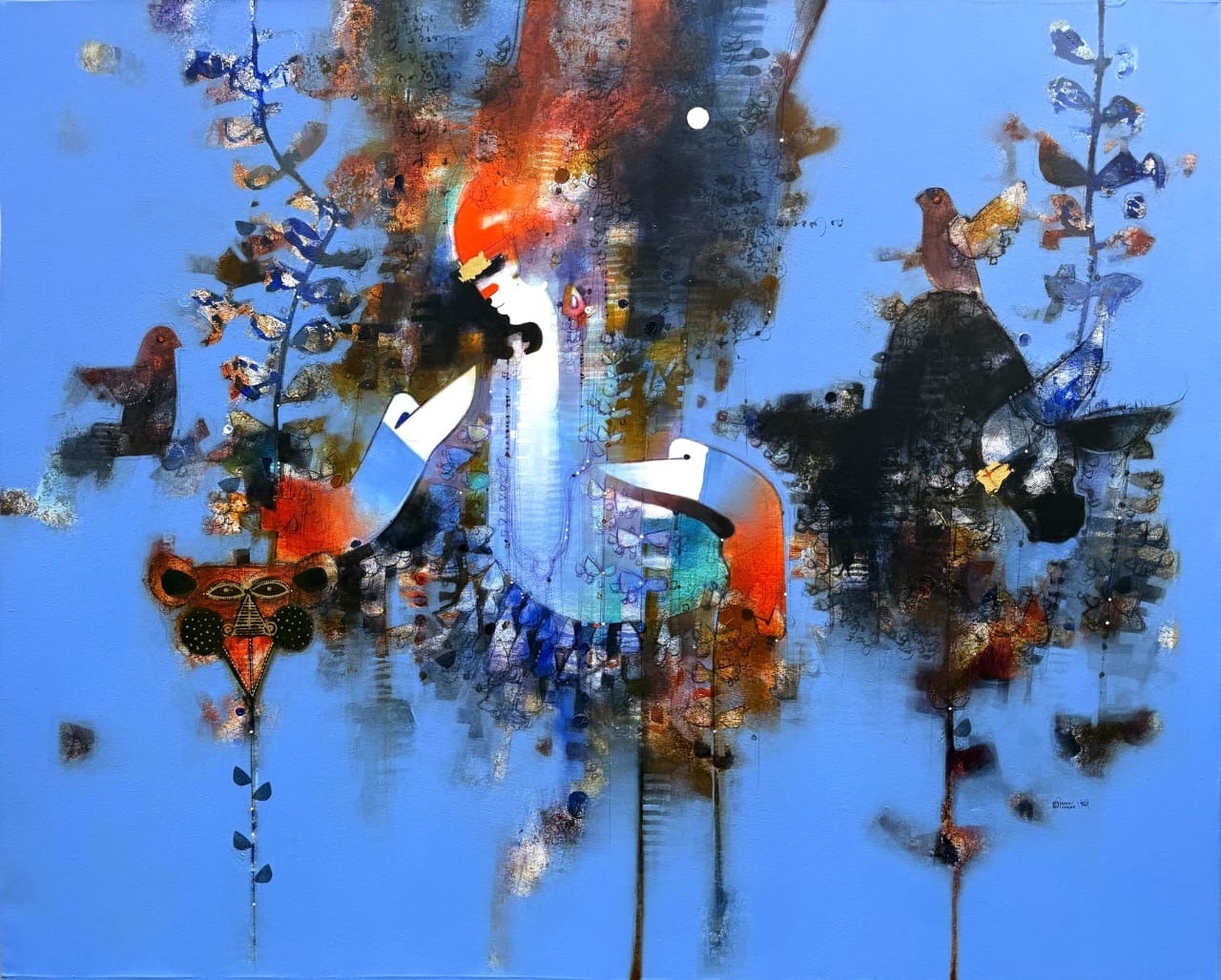 Amol Pawar Lord Shiva painting emerging from a tranquil blue abstract background with a black stone Shivling behind him.