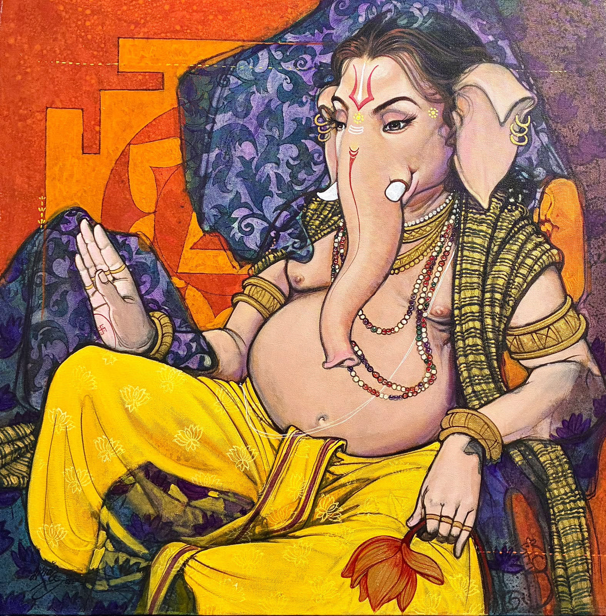 A colorful spiritual painting of the Hindu deity Ganesha reclining against purple and orange canvas backdrop. 