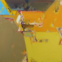 Abstract Painting in flaming yellow and orange against earthy shades.