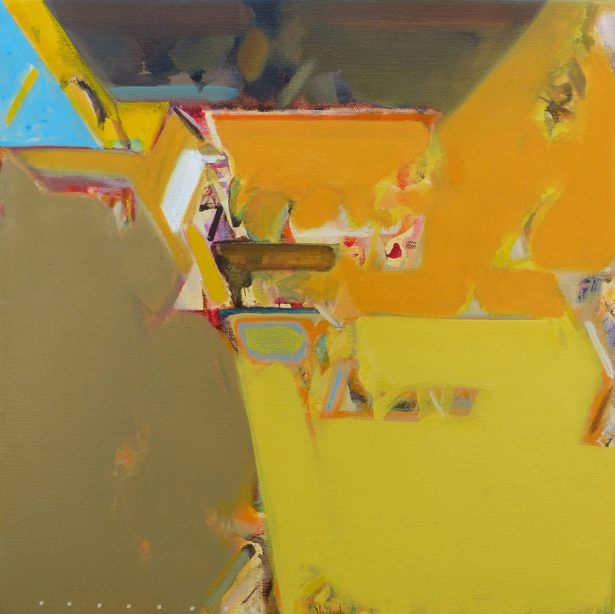 Abstract Painting in flaming yellow and orange against earthy shades.