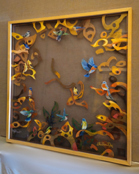 Abstract multilayered nature painting featuring birds and branches - painted on two layered acrylic glass sheets by Shubhra Das. 