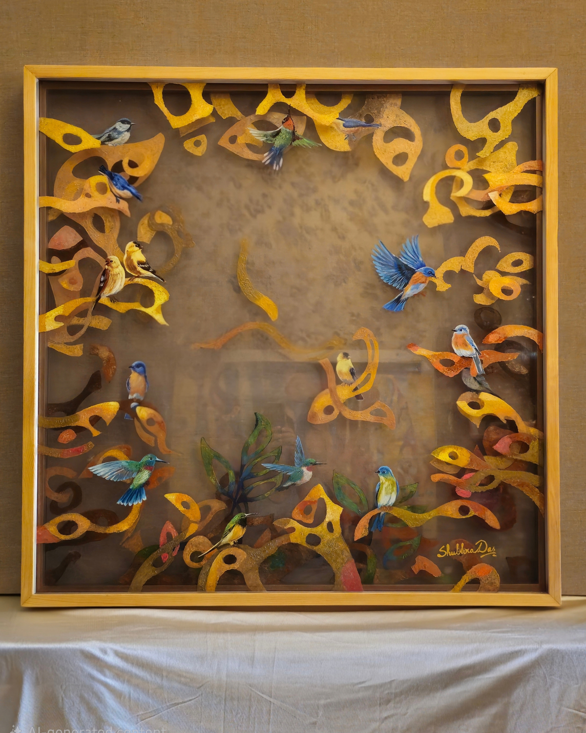 A framed shadow box artwork by Shubhra Das featuring colourful painted birds and abstract yellow-orange branches.